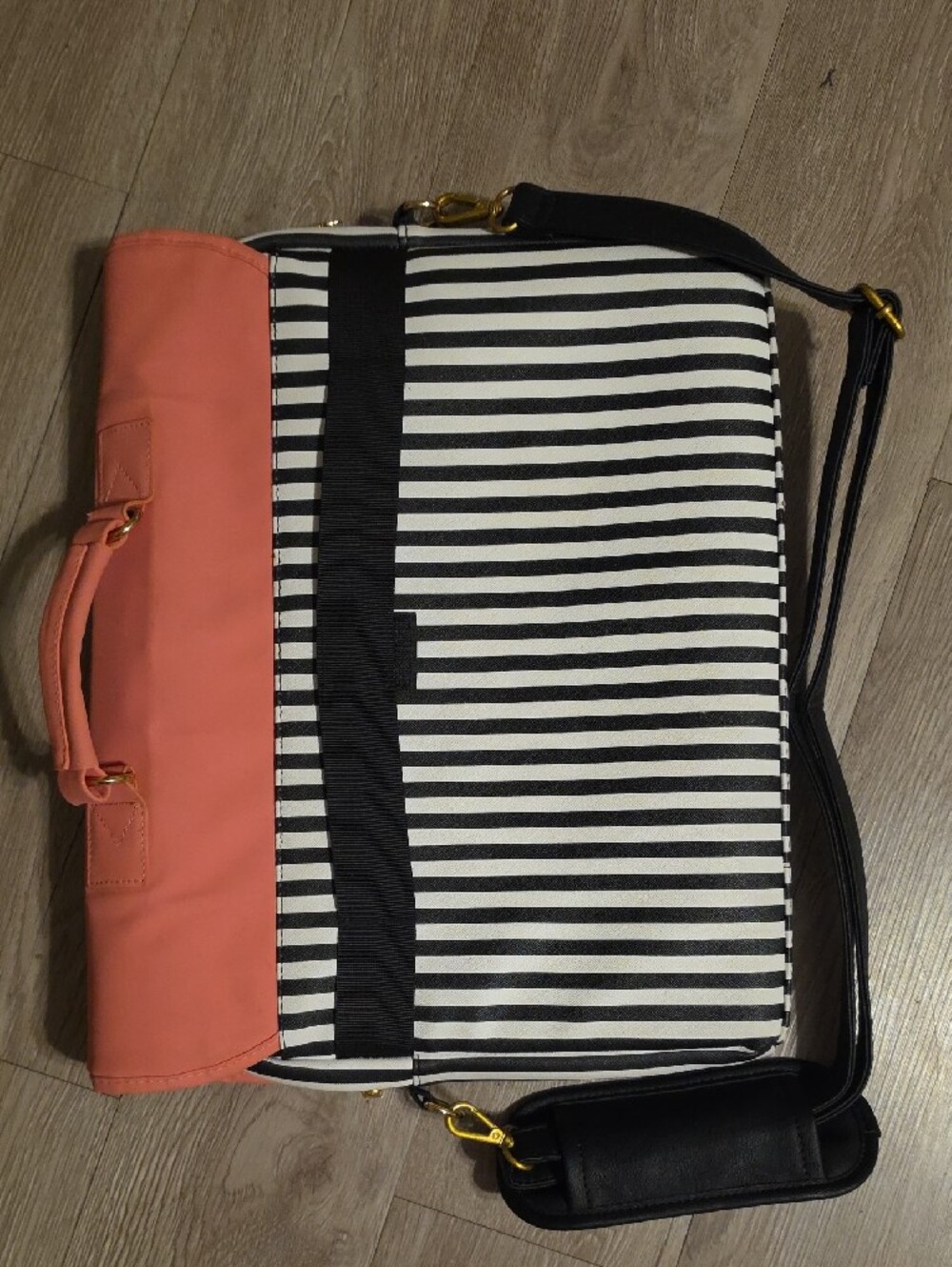 Ella Coral and Black-White Stripe Laptop Messenger Bag - Picture 3 of 3
